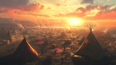 Sunlit nomadic camp panorama renders atmospheric dusk scene