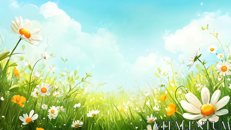 Sunlit chamomile meadow rendered in luminous digital brushwork
