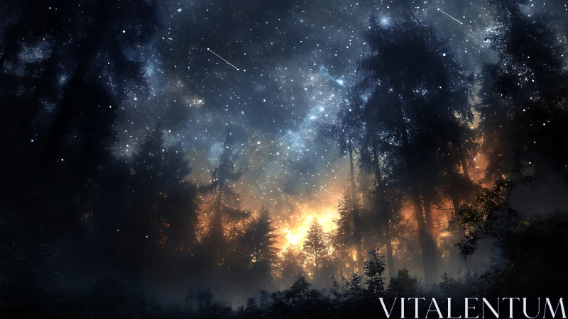 Starry forest night gently glows with soft golden light