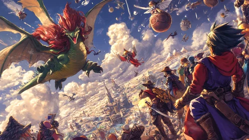 Aerial fantasy skirmish above fortified valley metropolis.