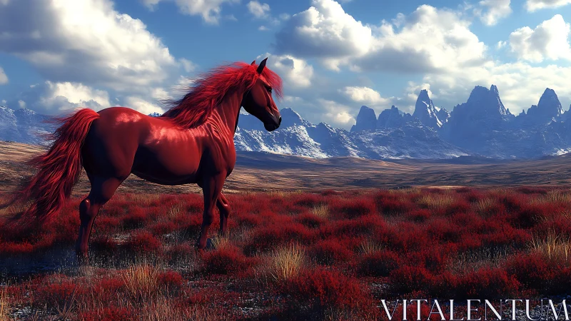 Red horse in open plain before distant snowy mountains.