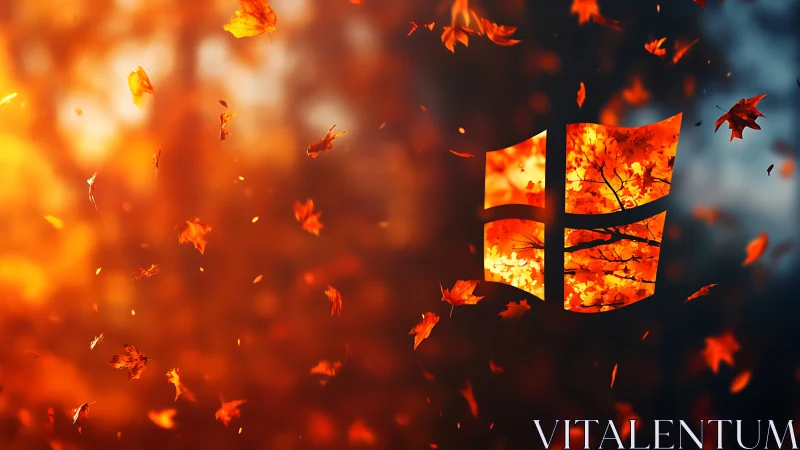 Autumn foliage vortex intersecting luminous window emblem.