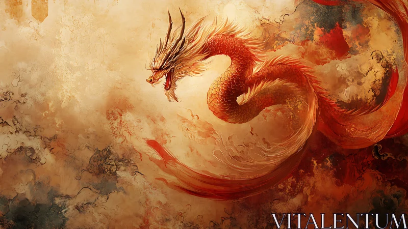 Fiery serpentine dragon in swirling ochre cloudscape panorama