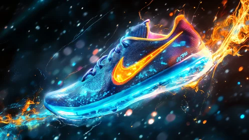 Neon running shoe blazes through vivid fire and ice trail.