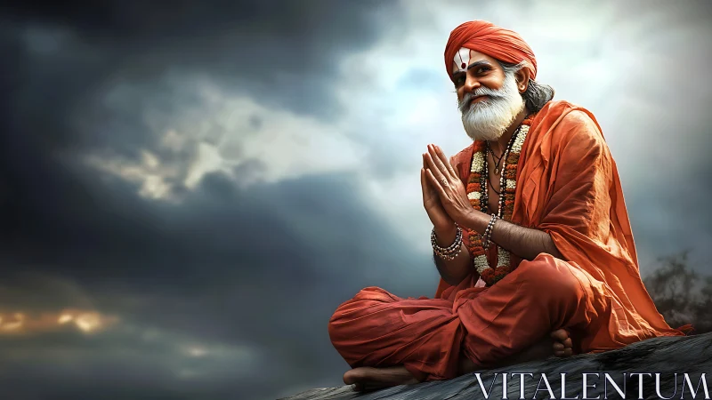 Digital rendering of seated Hindu sage in orange robes at dusk