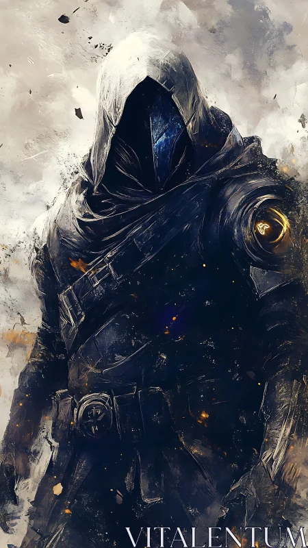 Hooded armored figure in dark cloak amid swirling smoke.