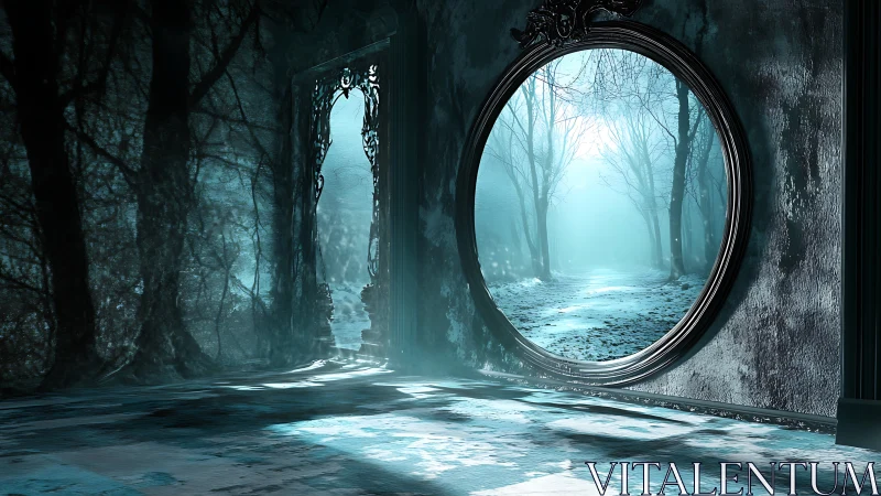 Portal mirror opens onto luminous winter forest corridor