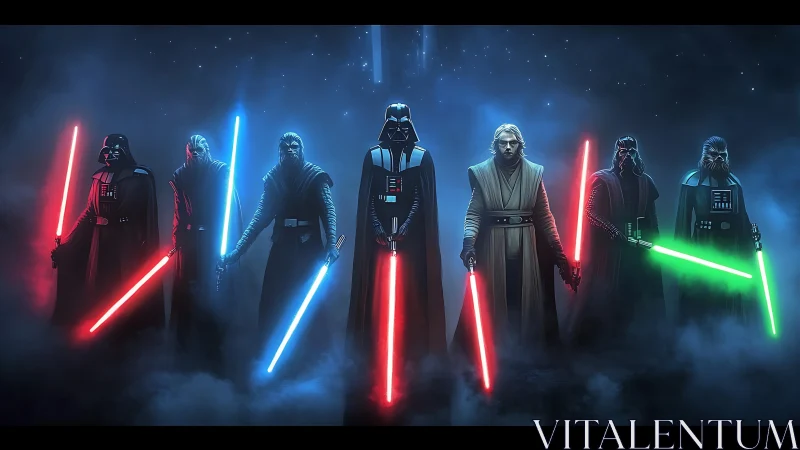 Seven hooded warriors ignite neon blades in cosmic fog