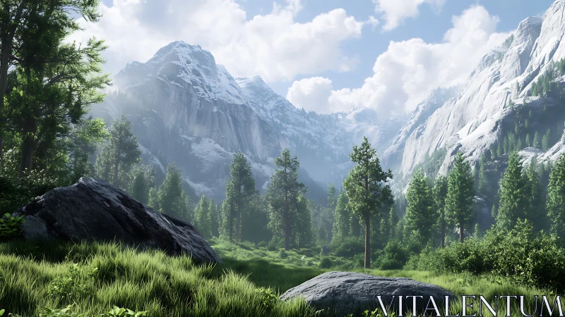 Sunlit alpine valley framed by snow-covered granite peaks