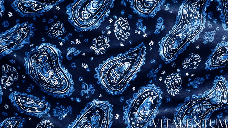 Blue paisley textile pattern with repeated teardrop motifs.