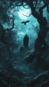 Cloaked figure and raven silhouette under spectral moonlight