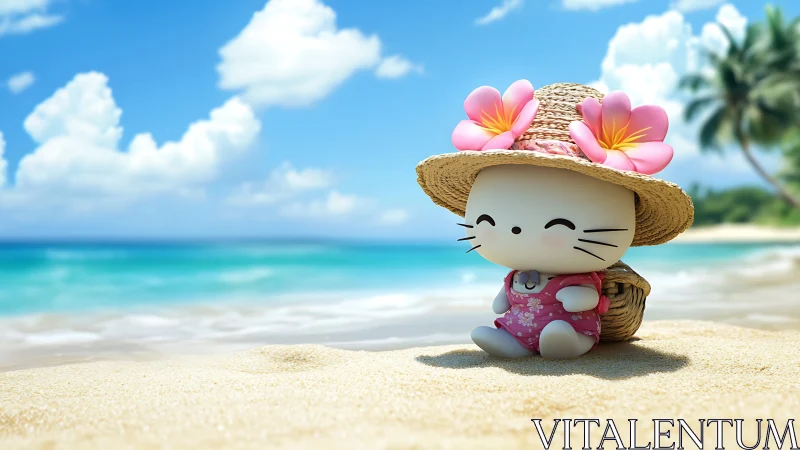 Sunny beach day with a smiling toy cat in a flowered hat