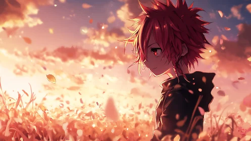 Red haired anime character in warm sunset field scene.