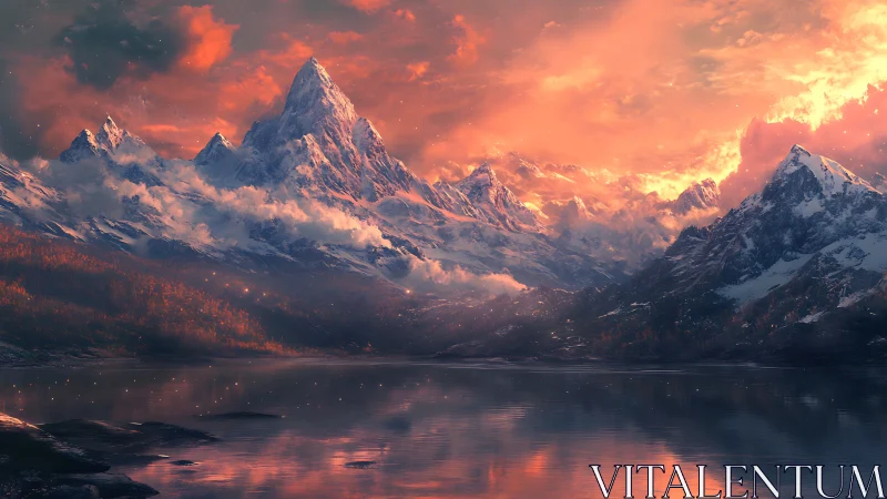 Sunlit snow peaks rise over reflective alpine lake at dusk