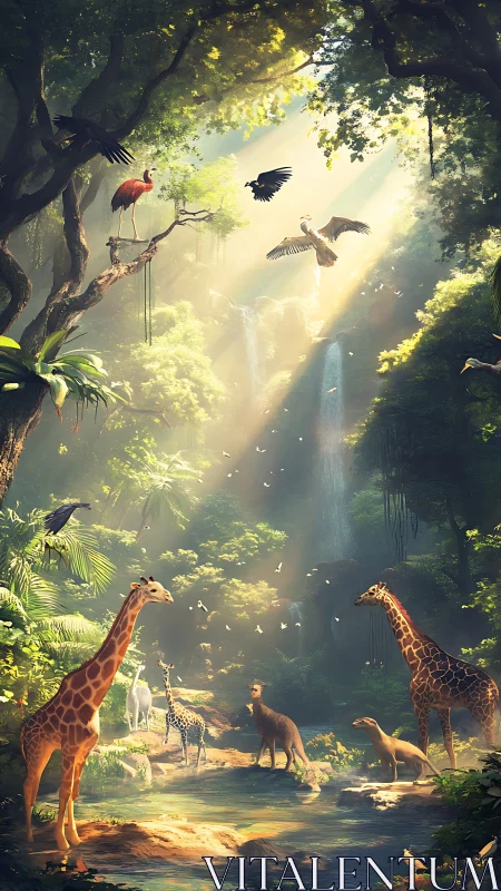 Sunlit jungle sanctuary gathers diverse wildlife at dawn