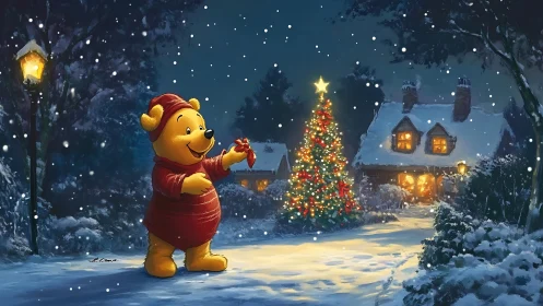 Anthropomorphic bear in winter night cottage Christmas scene