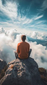 Person sits on rocky mountain summit above dense cloud layer