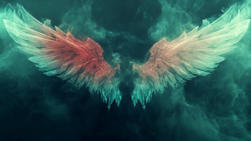 Translucent ethereal wings extend across deep teal void