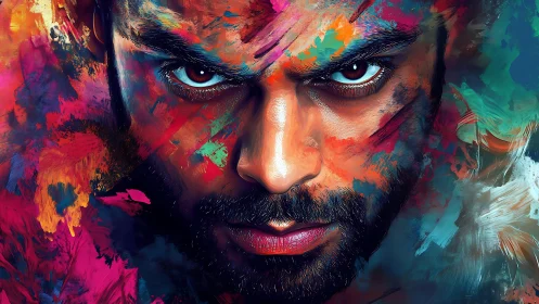 High-contrast male portrait integrates vivid brushstroke color fields