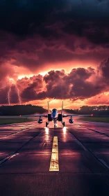 Fighter jet aligned on wet runway under electric storm sky