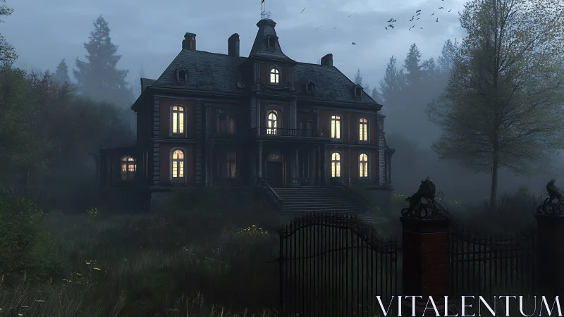 Fog-shrouded Victorian mansion façade with lit interior windows