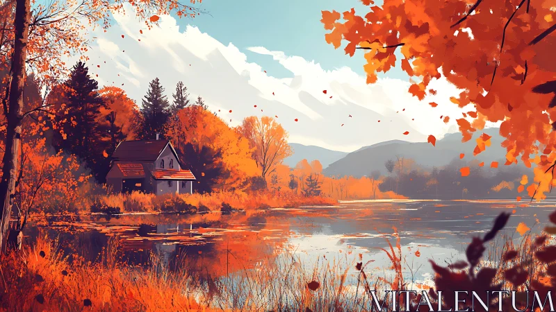 Autumn lakeside cabin under saturated foliage with reflective water surface