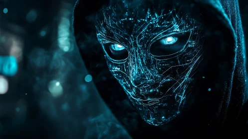 Cybernetic mask gleams in neon blue within shadowed hood.
