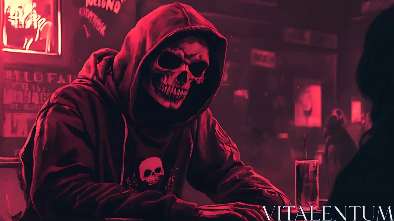 Nighttime skull-hooded figure quietly rests in a neon bar