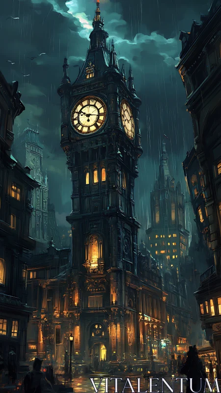 Neo-gothic clocktower cityscape in cinematic digital painting style.