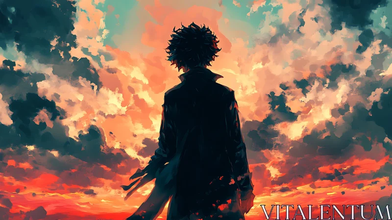 Silhouetted wanderer under blazing painterly sunset sky.