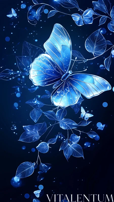Glowing blue butterfly drifts through luminous midnight foliage