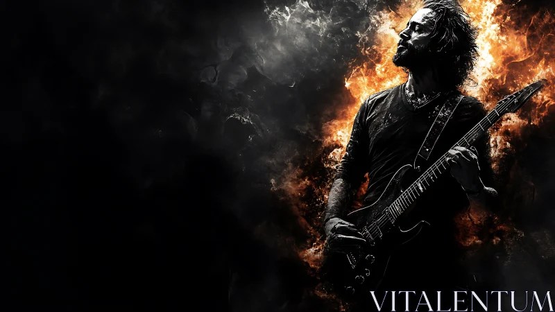 Electric guitarist silhouetted in inferno-lit smoke field.