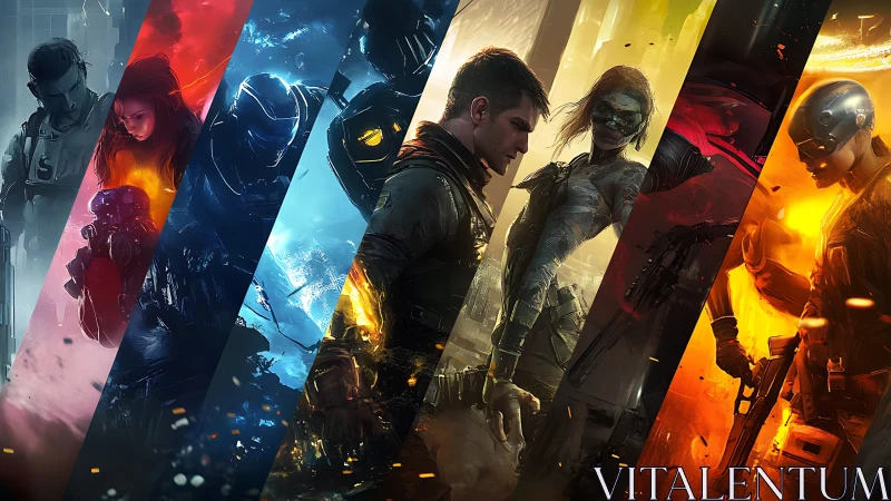 Band of neon warriors in fractured sci fi destiny stripes.