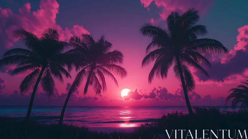 Neon magenta sunset silhouettes tropical palm trees in profile