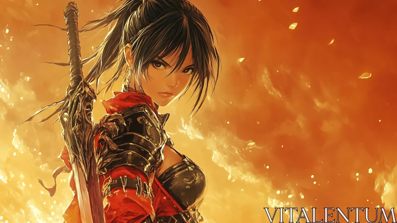 Armored swordswoman in ember-lit battlefield cinematic profile