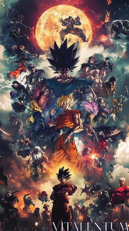 Dynamic anime warrior montage framed by lunar backlight and clouds