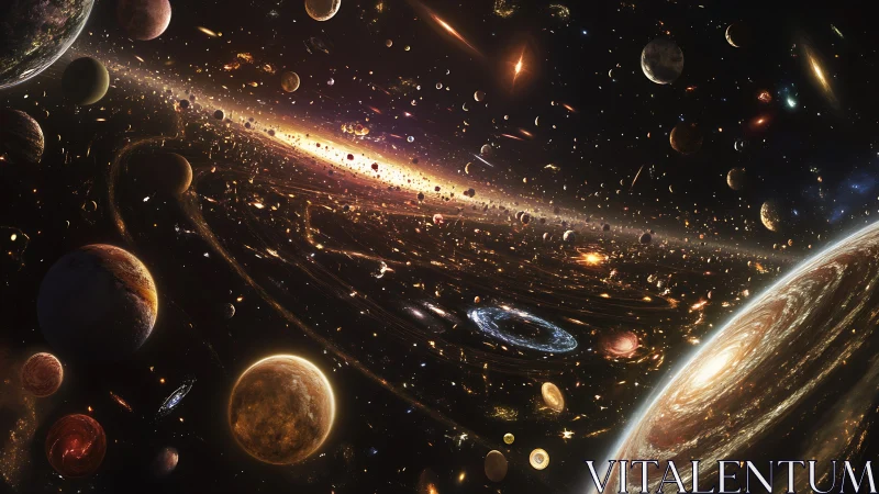 Galaxies swirl like golden storms in a crowded cosmic sea