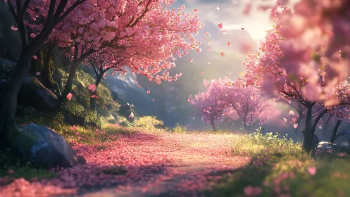 Sunlit cherry blossom path with drifting pink petals.