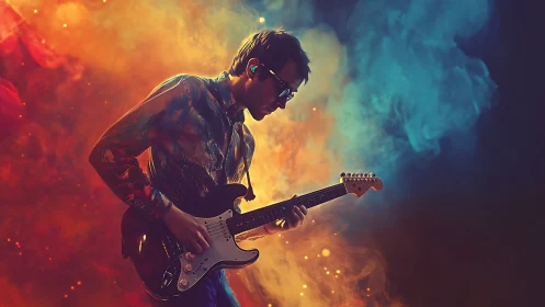 Electric guitarist framed by bicolor cinematic smoke gradient