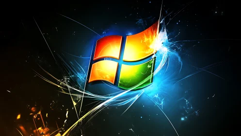 Glowing window logo exploding amid neon energy arcs.