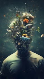 Surreal male portrait with exploding botanical mindscape.