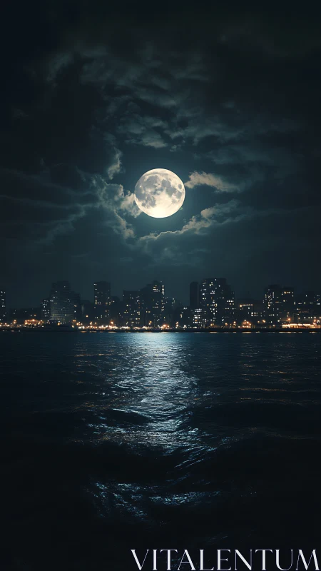 Full moon over coastal skyline with reflective night sea.