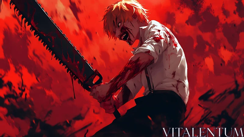 Blood-soaked chainsaw warrior lunges through crimson storm.