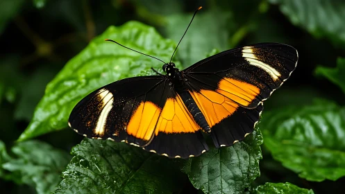 Macro study of orange and black butterfly on wet foliage.