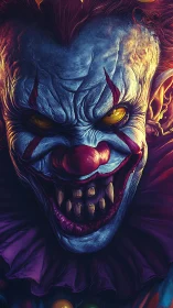 Sinister clown portrait glows with menacing neon intensity.