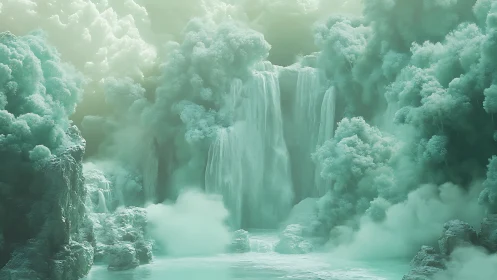 Dreamlike mint waterfall among dense cloudlike trees.