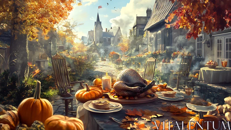 Cozy autumn village feast with golden turkey and pumpkins.