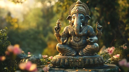 Ganesh statue in outdoor garden setting at sunrise.