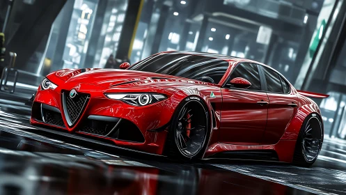 Crimson Alfa Romeo super sedan in glossy urban showcase.