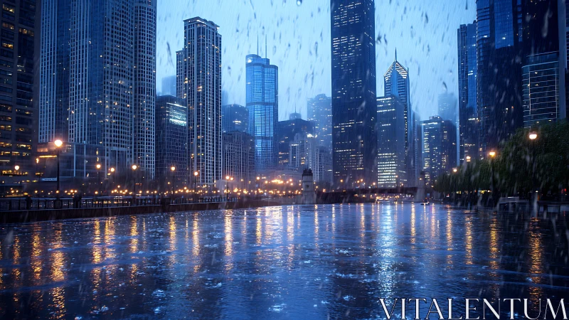 Rain-swept city riverfront shimmers under blue evening light
